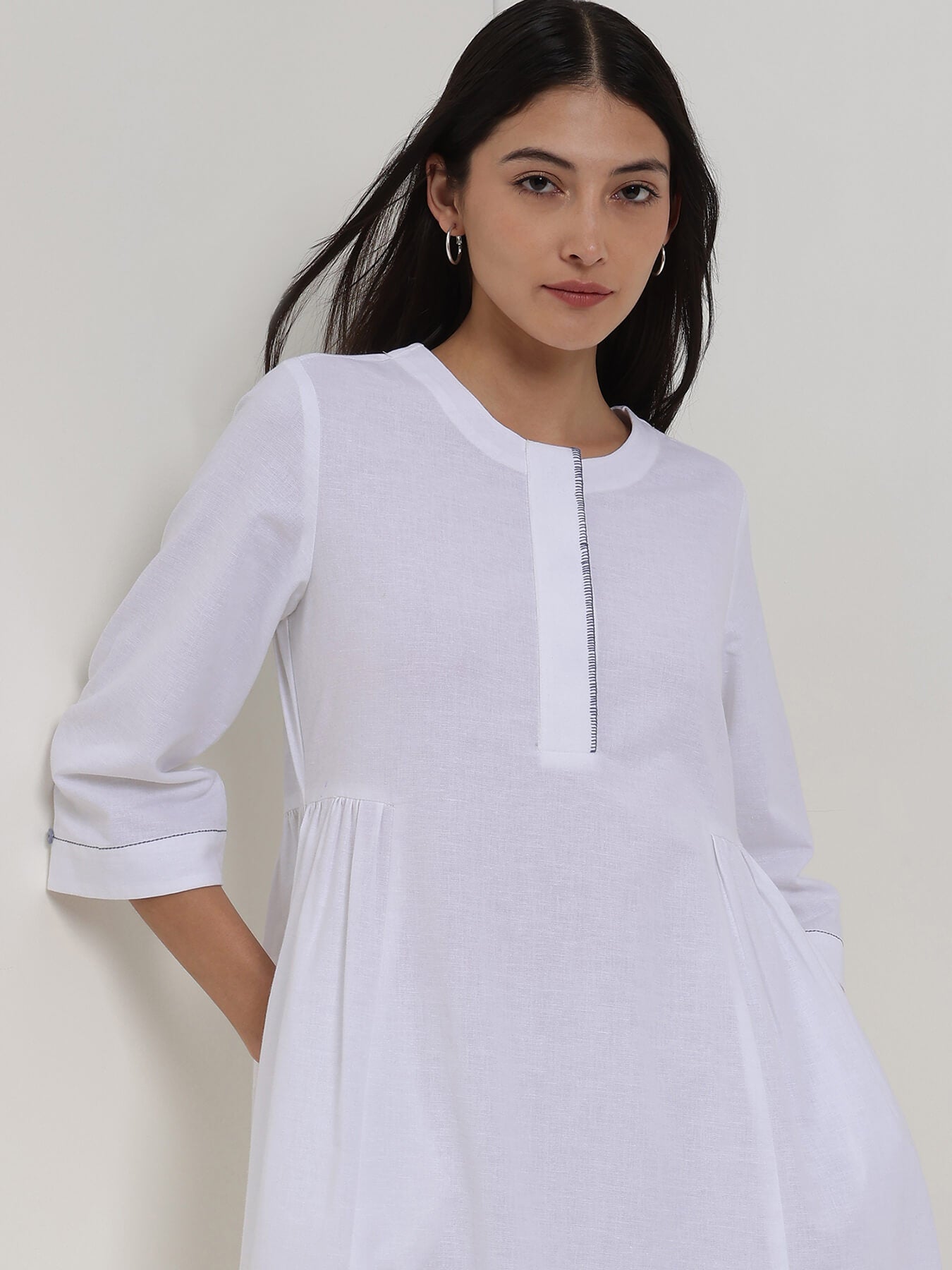 Linen Blend Solid Fit and Flare Dress - White