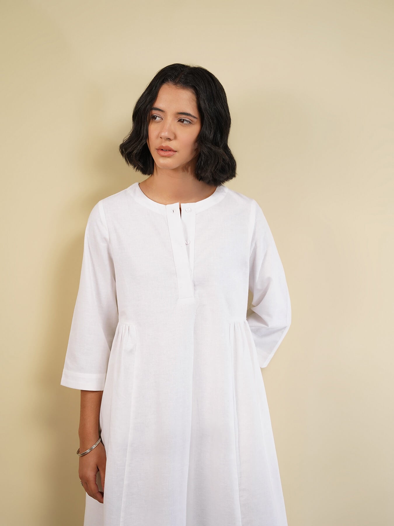 Linen Blend Solid Fit and Flare Dress - White