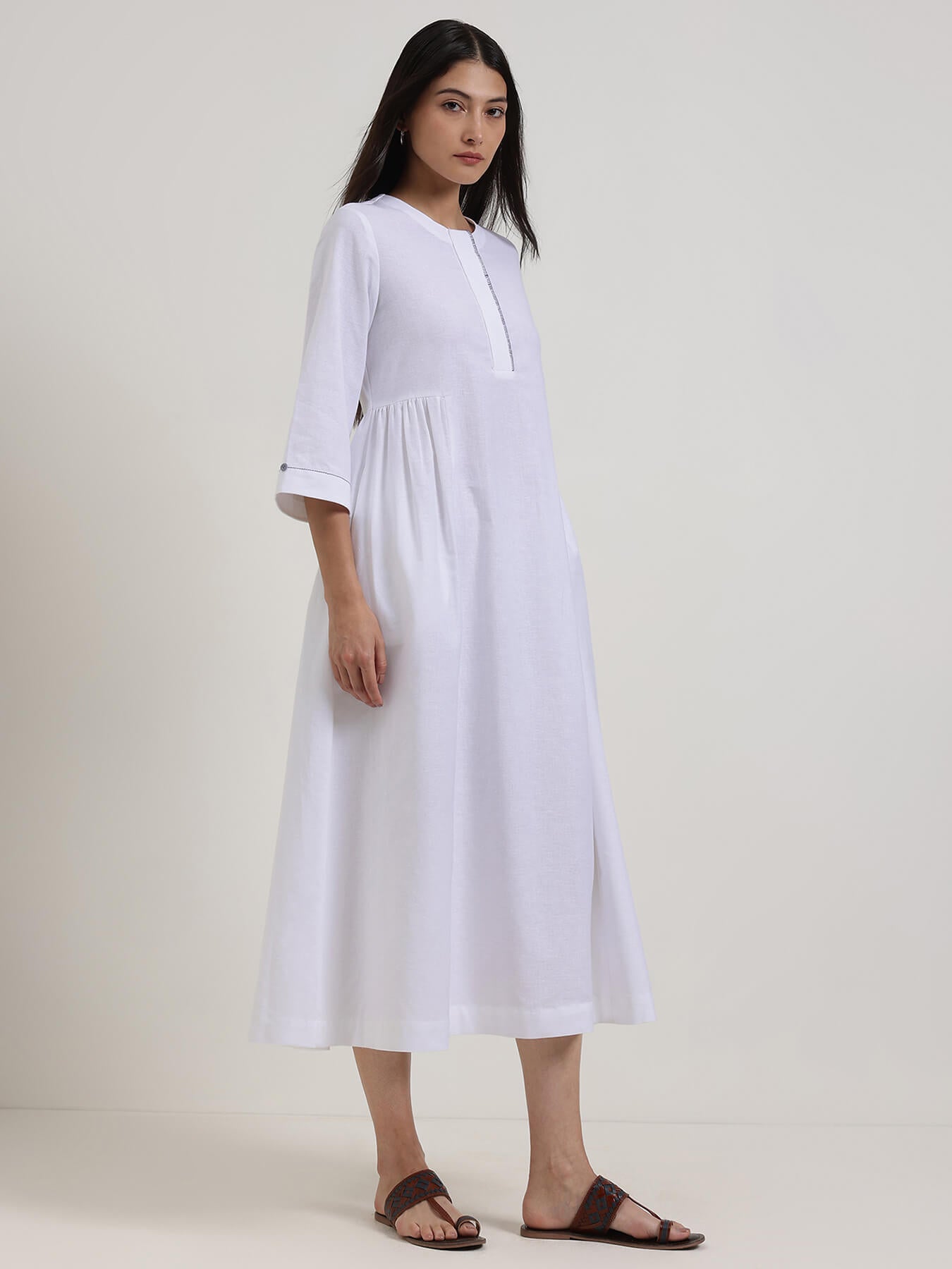 Linen Blend Solid Fit and Flare Dress - White