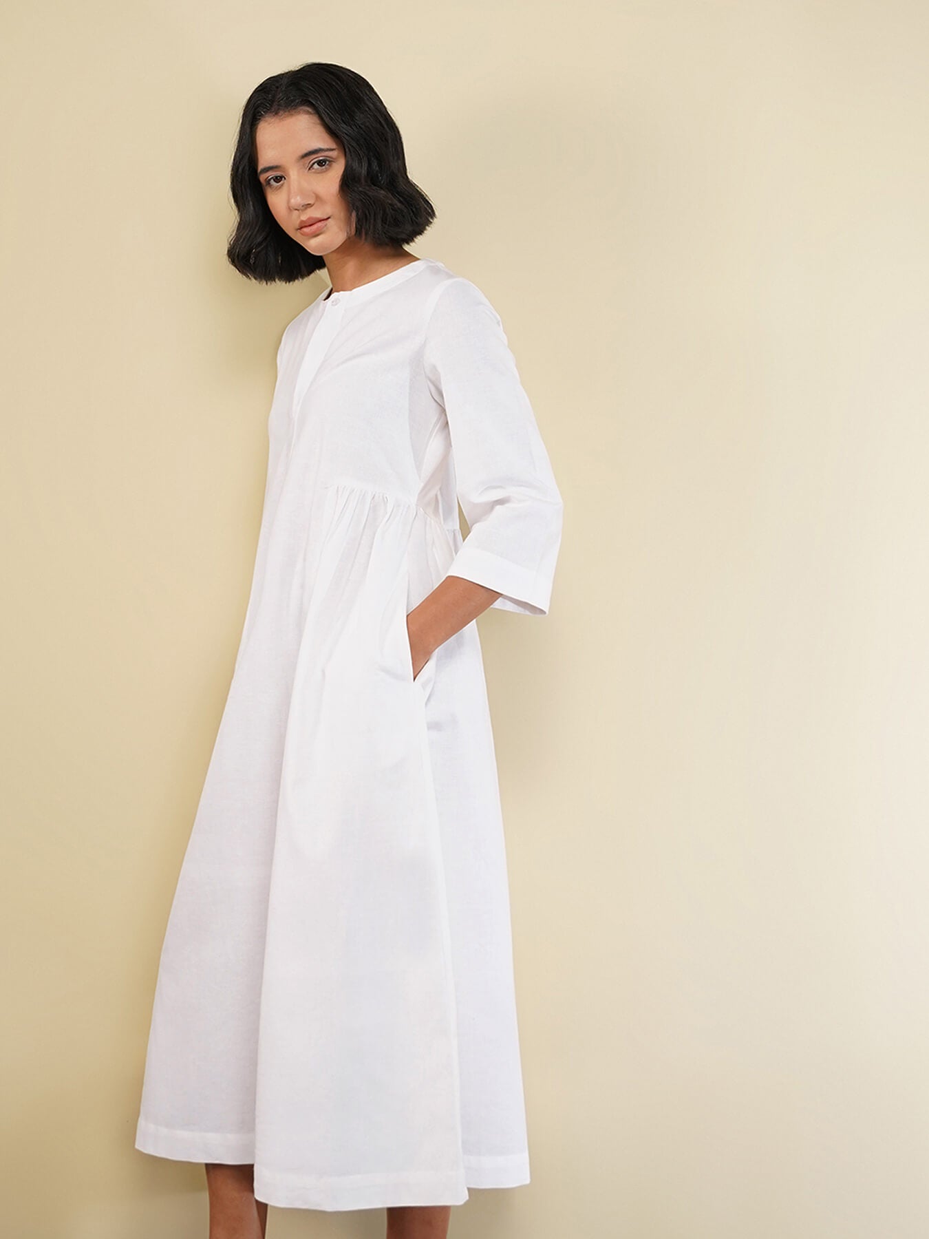 Linen Blend Solid Fit and Flare Dress - White
