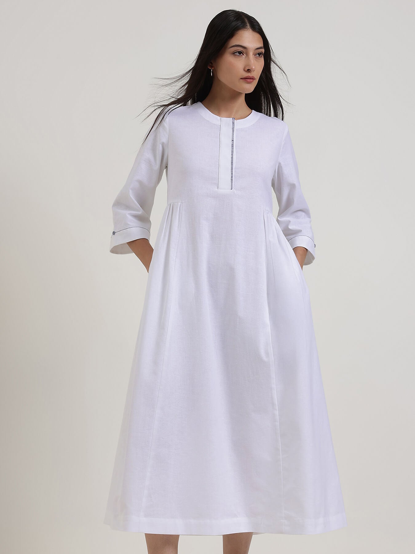 Linen Blend Solid Fit and Flare Dress - White