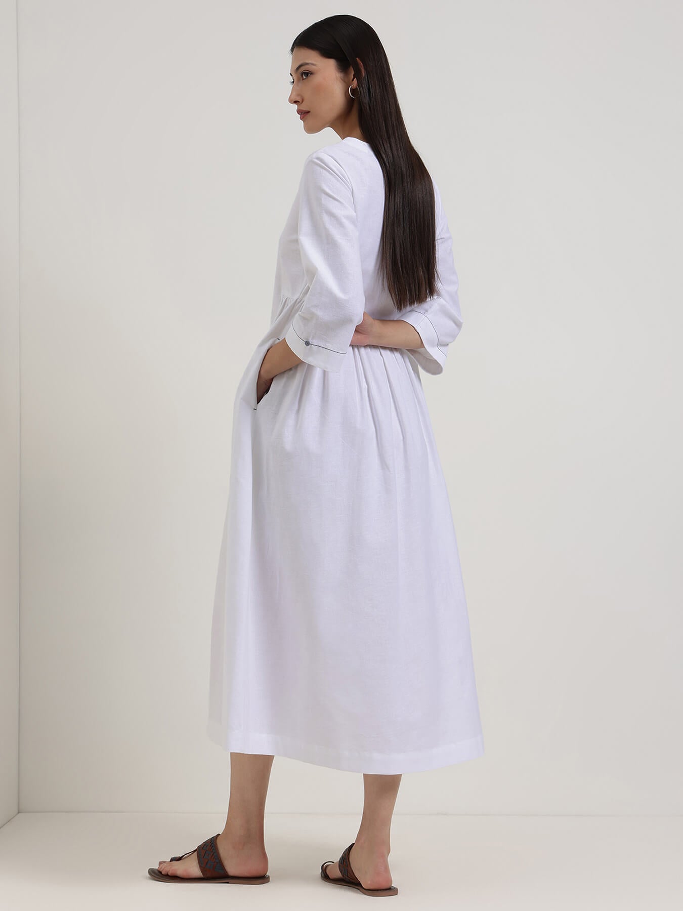 Linen Blend Solid Fit and Flare Dress - White