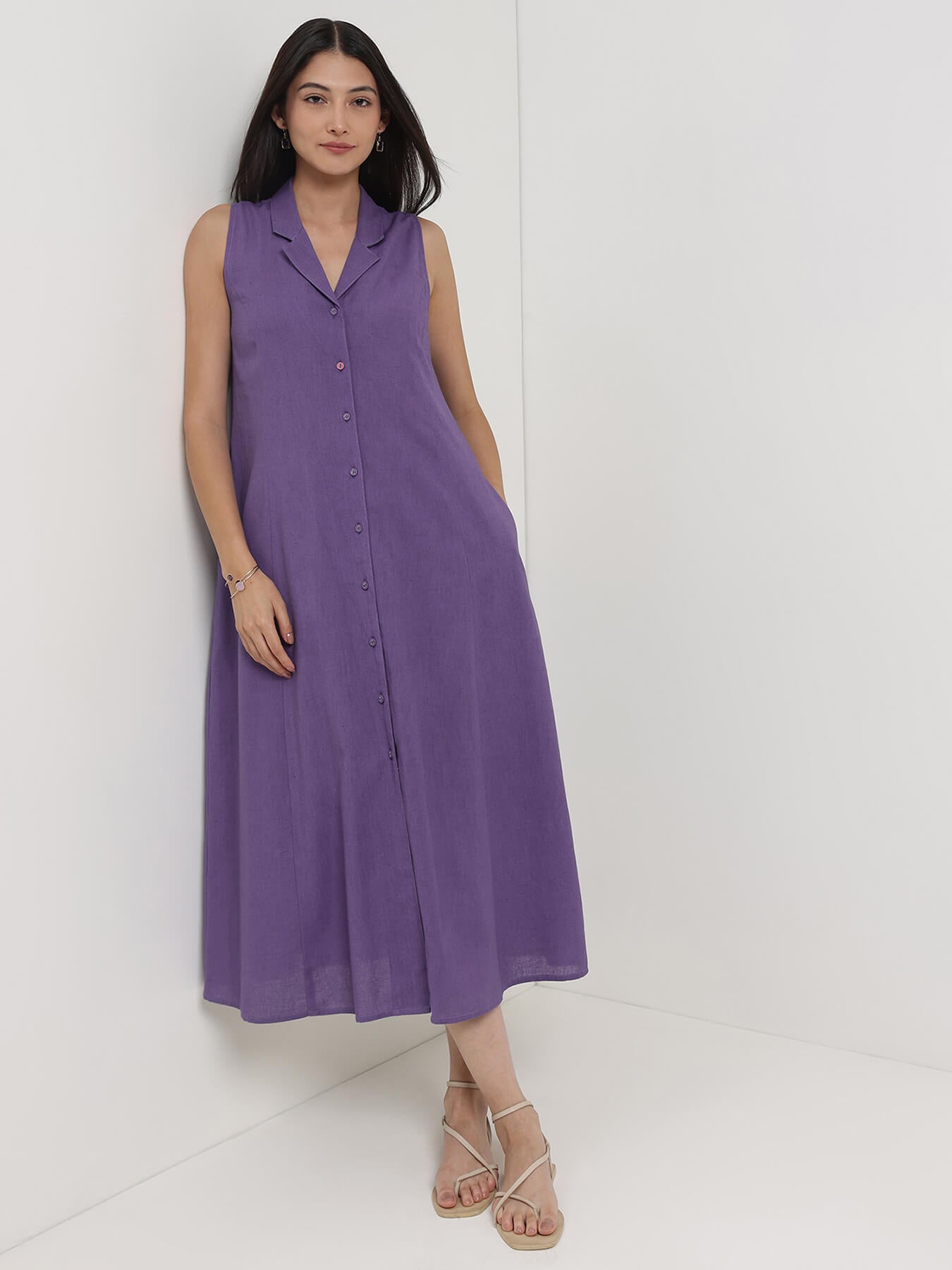 Linen Blend Solid A-Line Dress - Purple