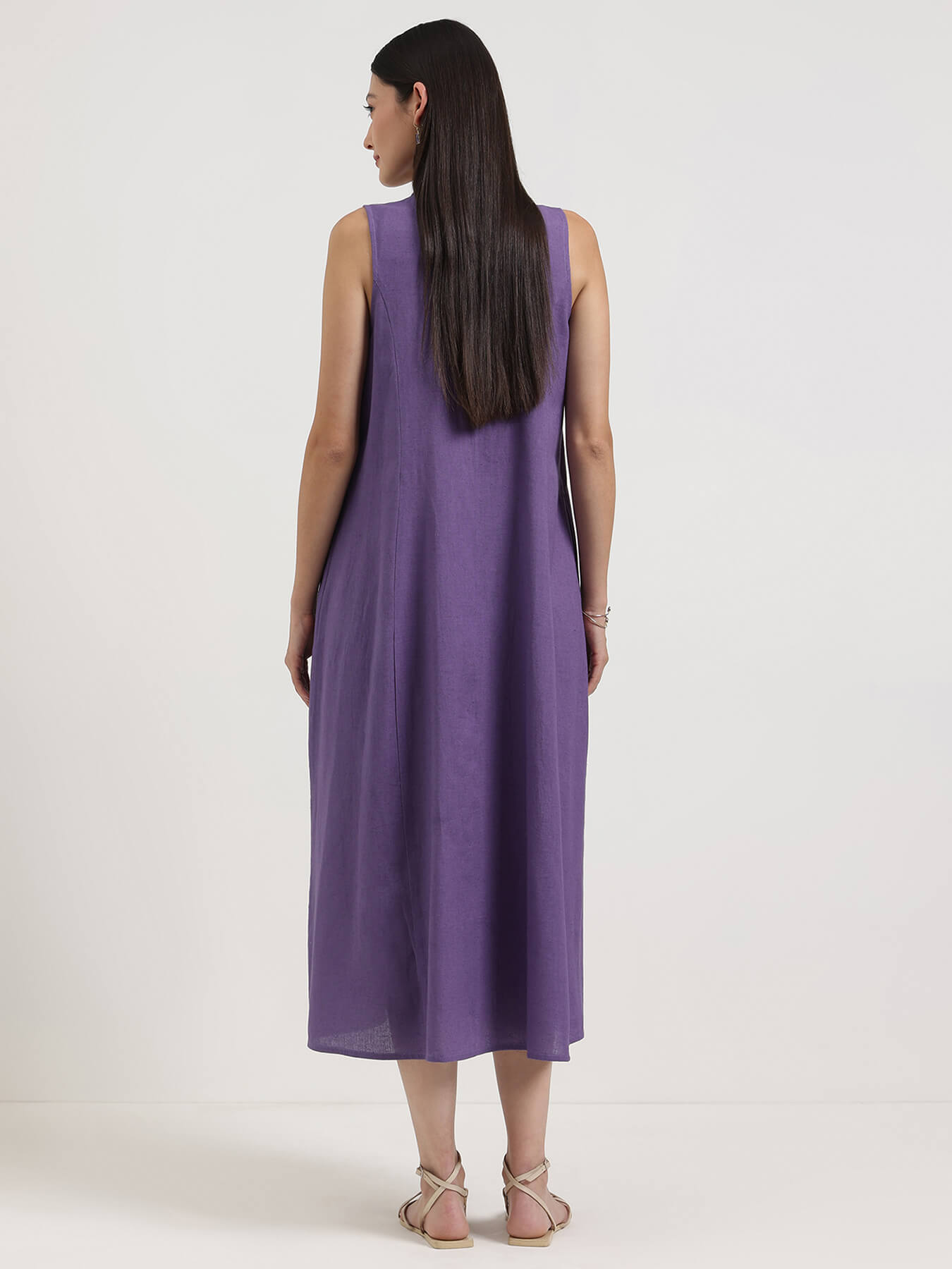 Linen Blend Solid A-Line Dress - Purple