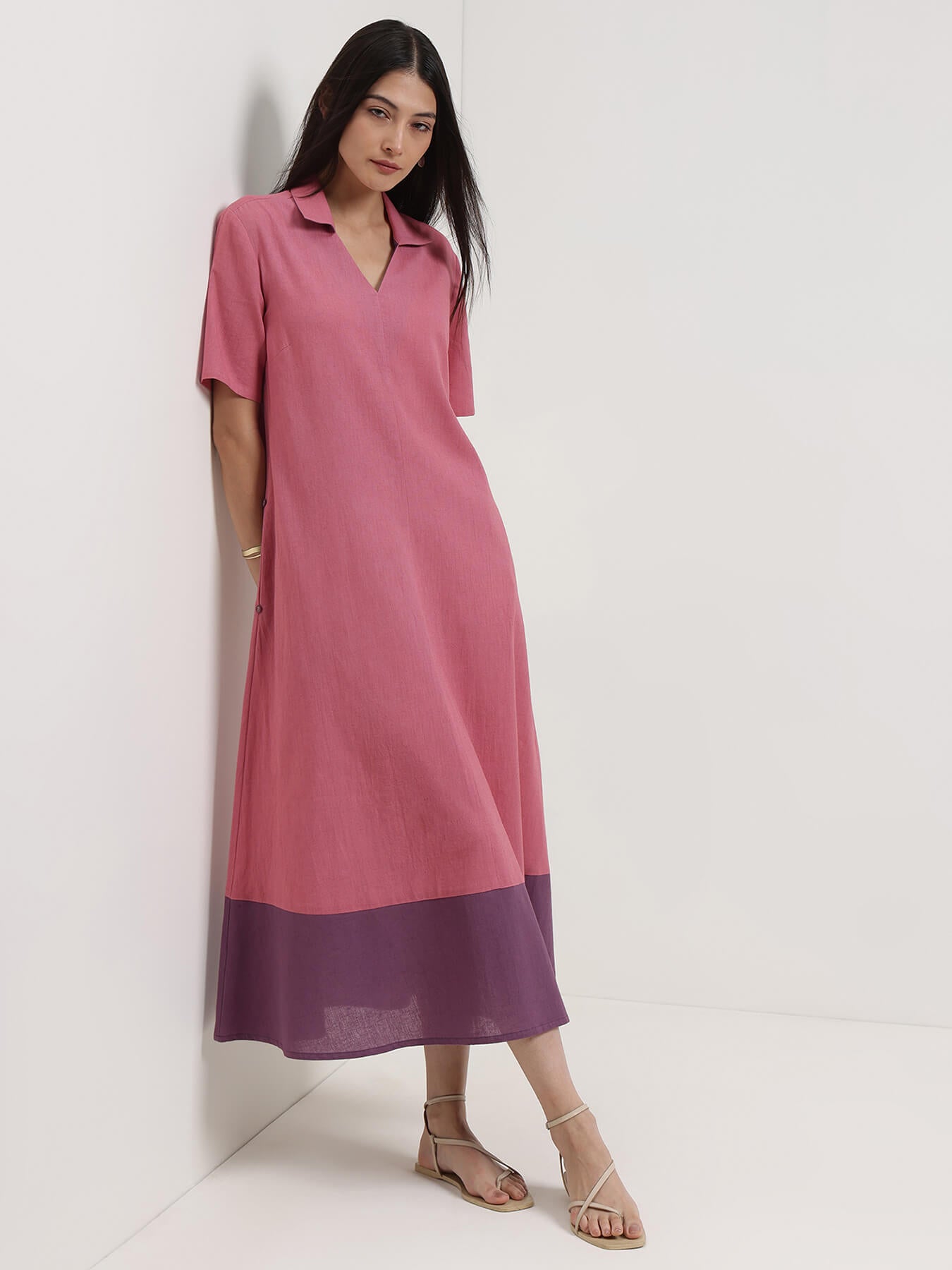 Linen Blend Colourblock A-Line Dress - Pink