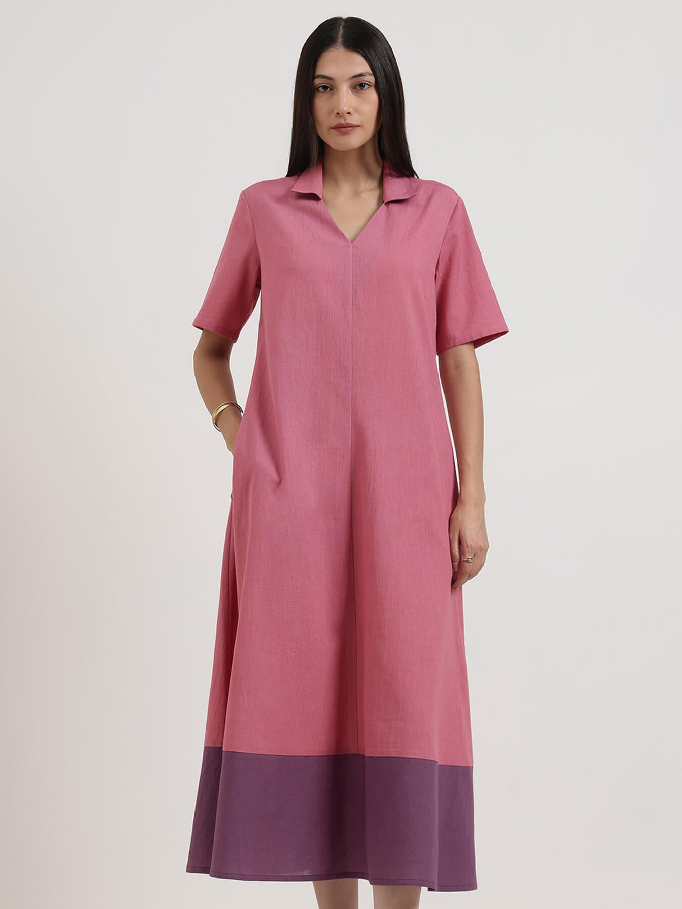 Linen Blend Colourblock A-Line Dress - Pink