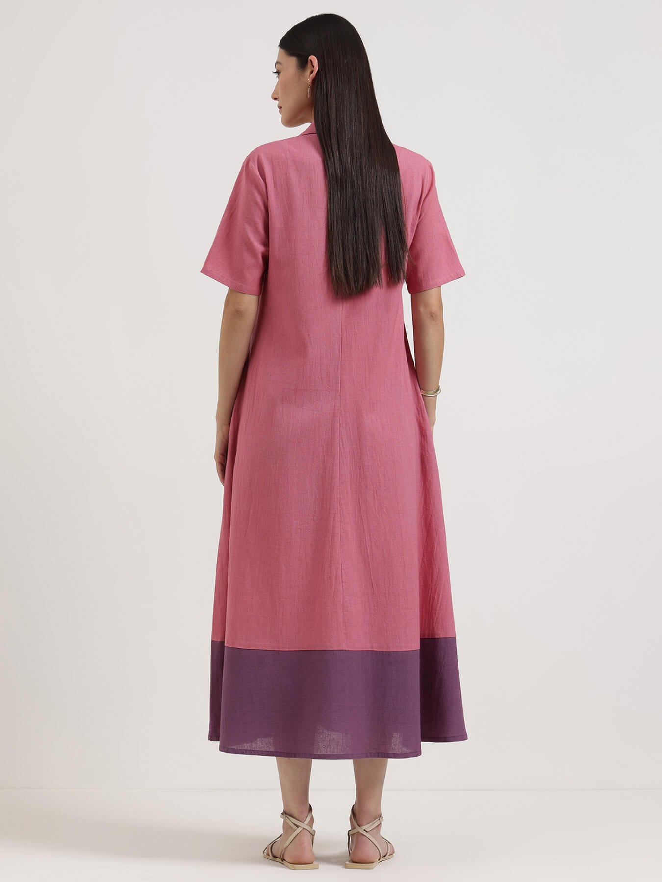 Linen Blend Colourblock A-Line Dress - Pink