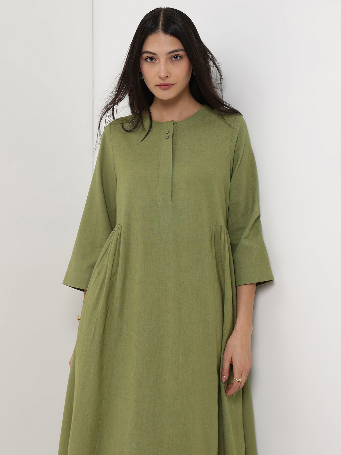 Linen Blend Solid A-Line Dress - Green