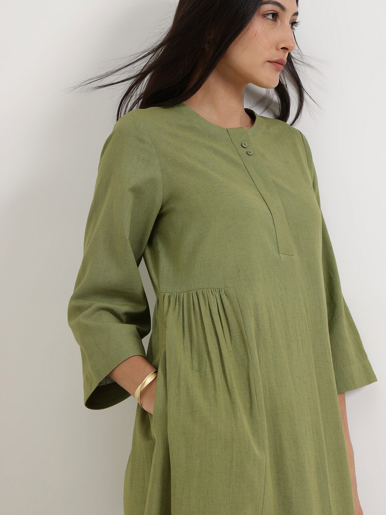 Linen Blend Solid A-Line Dress - Green