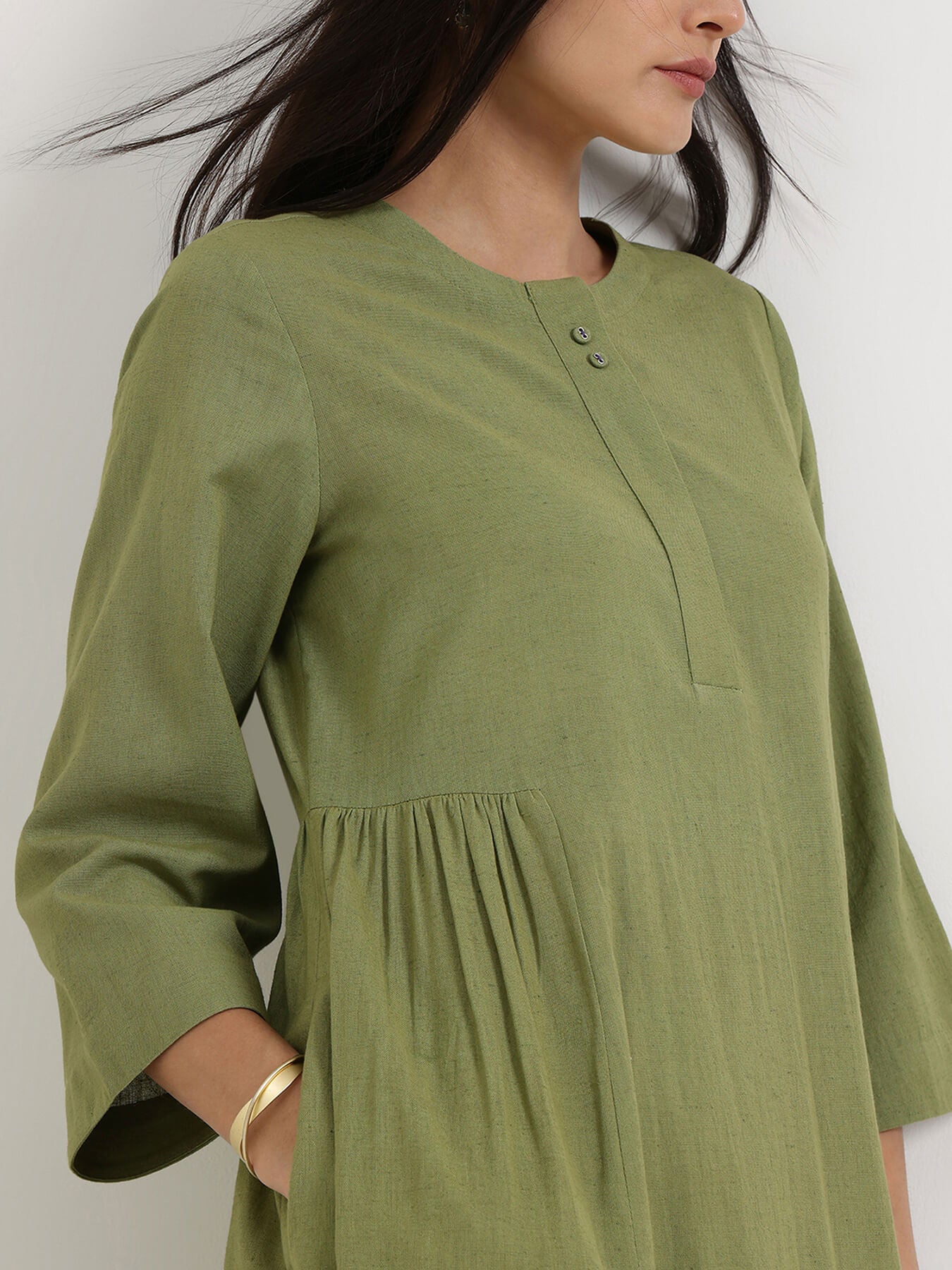 Linen Blend Solid A-Line Dress - Green