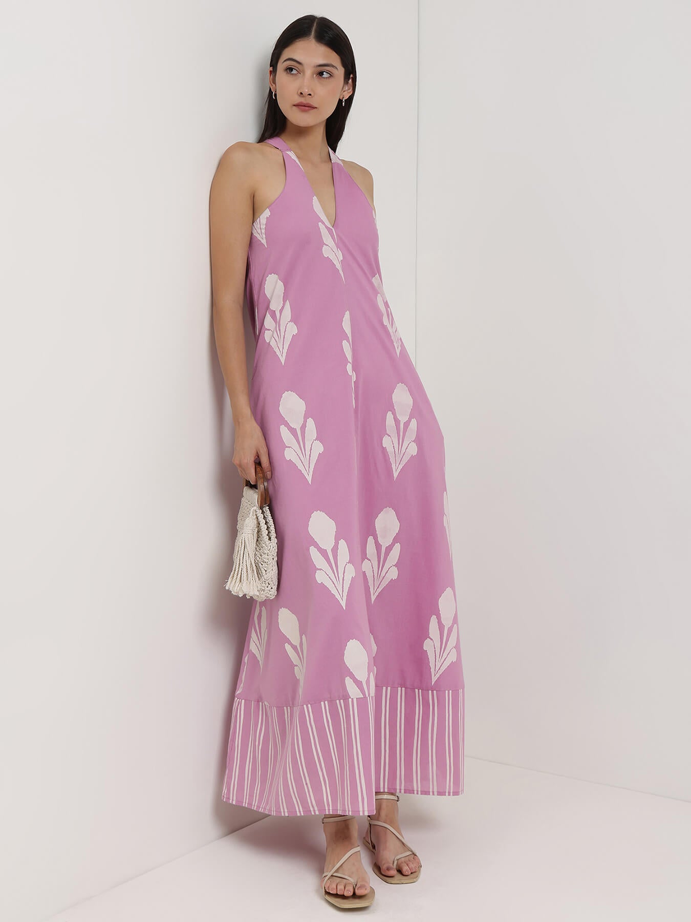 Cotton Floral A-Line Dress - Lavender