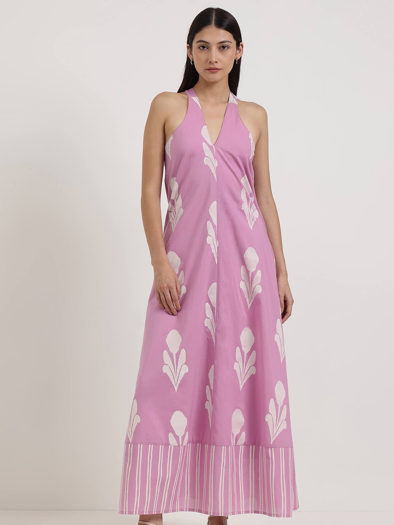 Cotton Floral A-Line Dress - Lavender