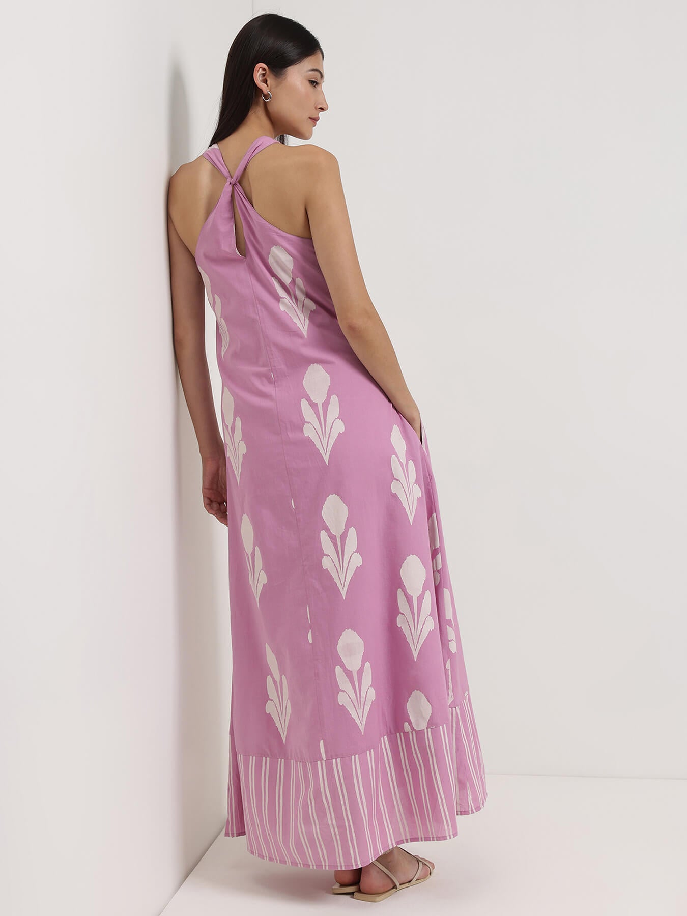 Cotton Floral A-Line Dress - Lavender