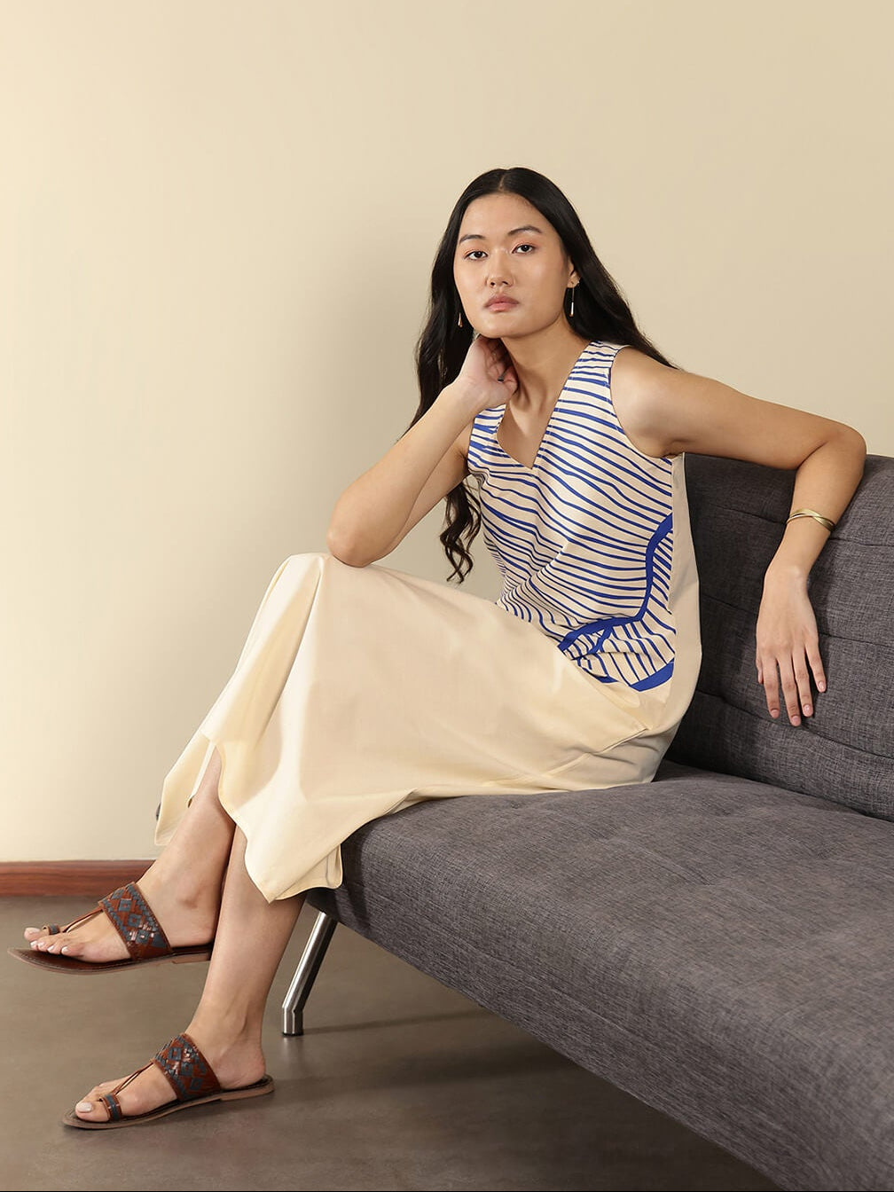 Cotton Abstract A-Line Dress - Off White