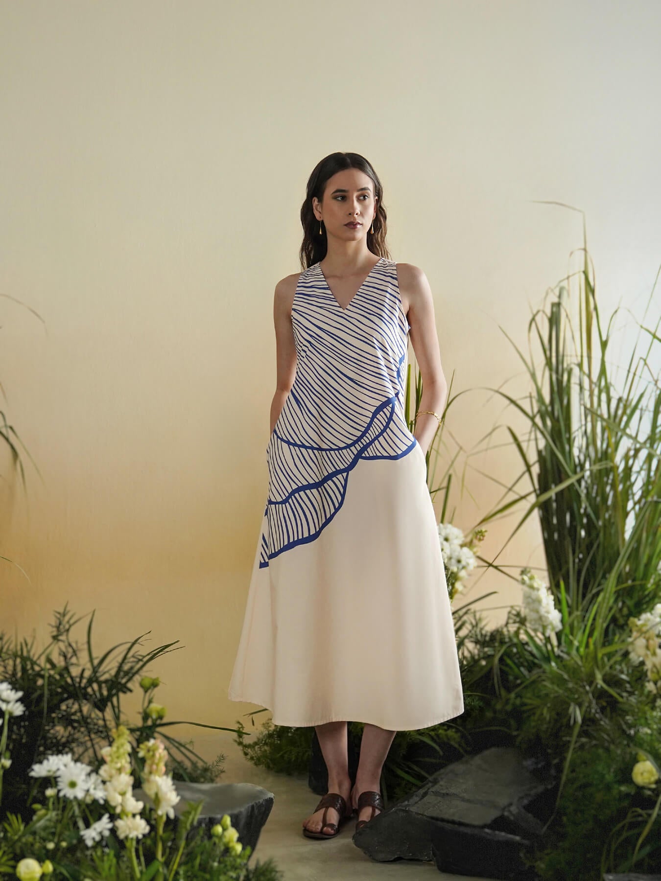 Cotton Abstract A-Line Dress - Off White