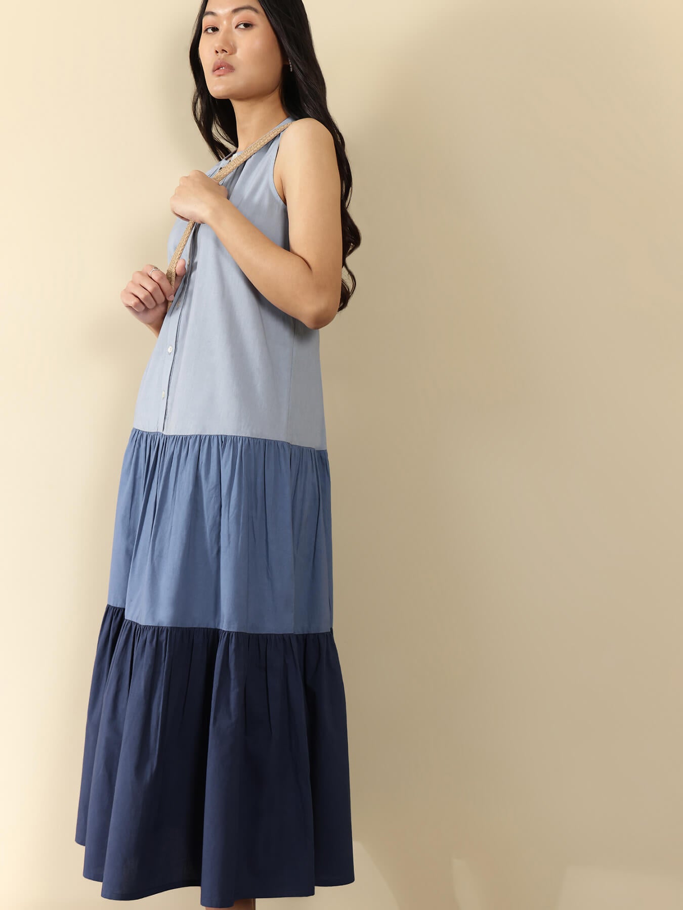 Cotton Colourblock Fit and Flare Dress - Blue