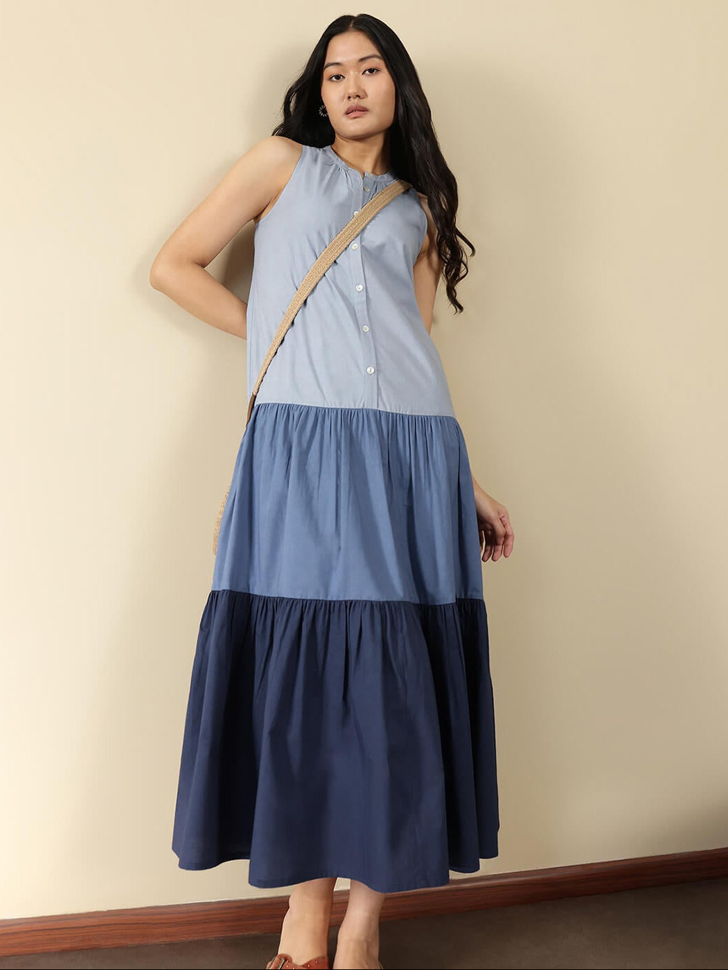 Cotton Colourblock Fit and Flare Dress - Blue