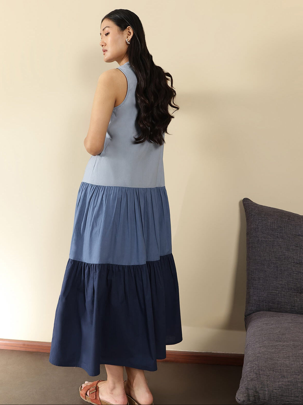 Cotton Colourblock Fit and Flare Dress - Blue