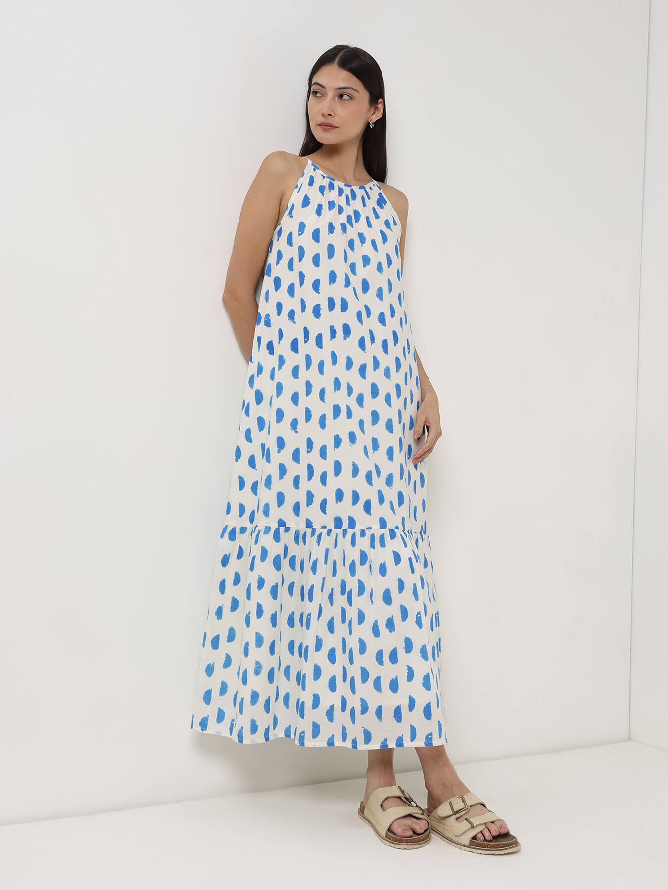 Cotton Geometric Fit and Flare Dress - Off White & Blue
