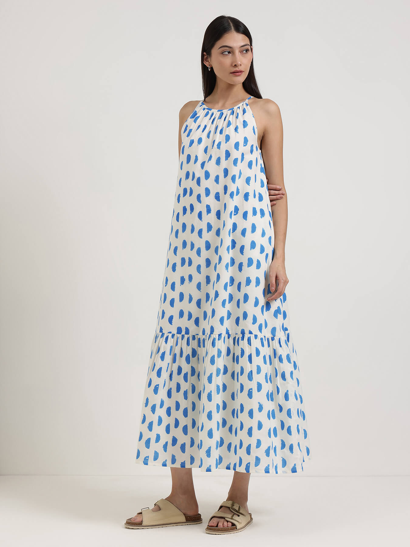 Cotton Geometric Fit and Flare Dress - Off White & Blue