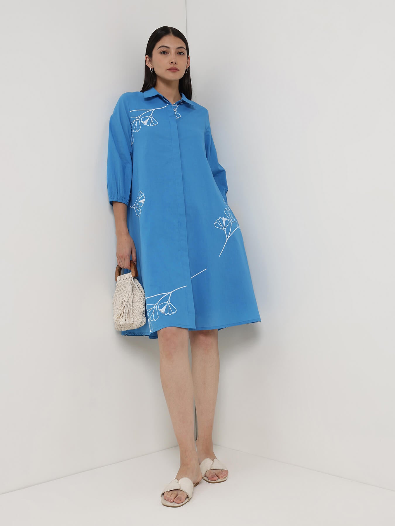 Cotton Floral Shirt Collar Dress - Blue