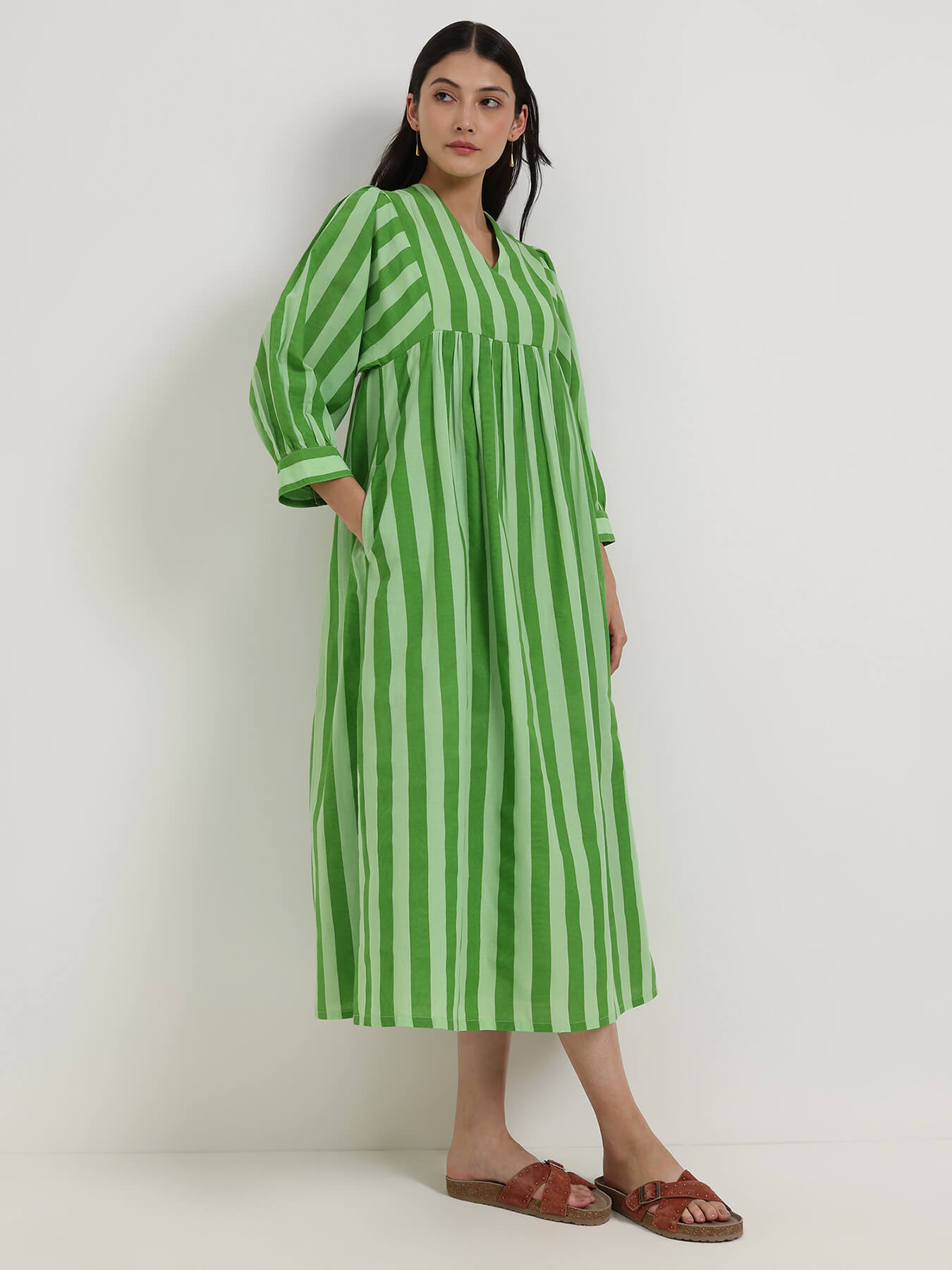 Cotton Striped V-Neck Dress - Green