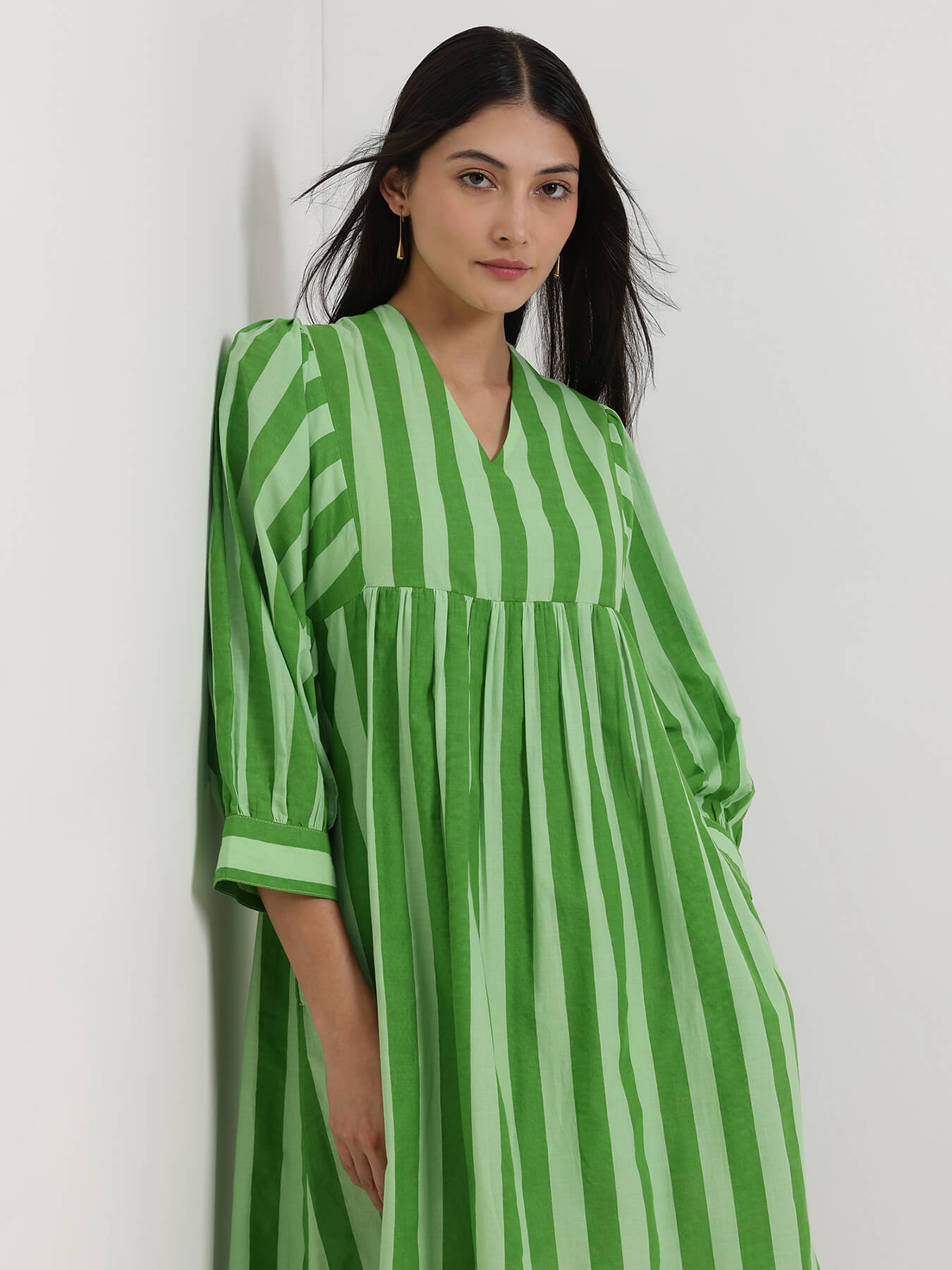 Cotton Striped V-Neck Dress - Green