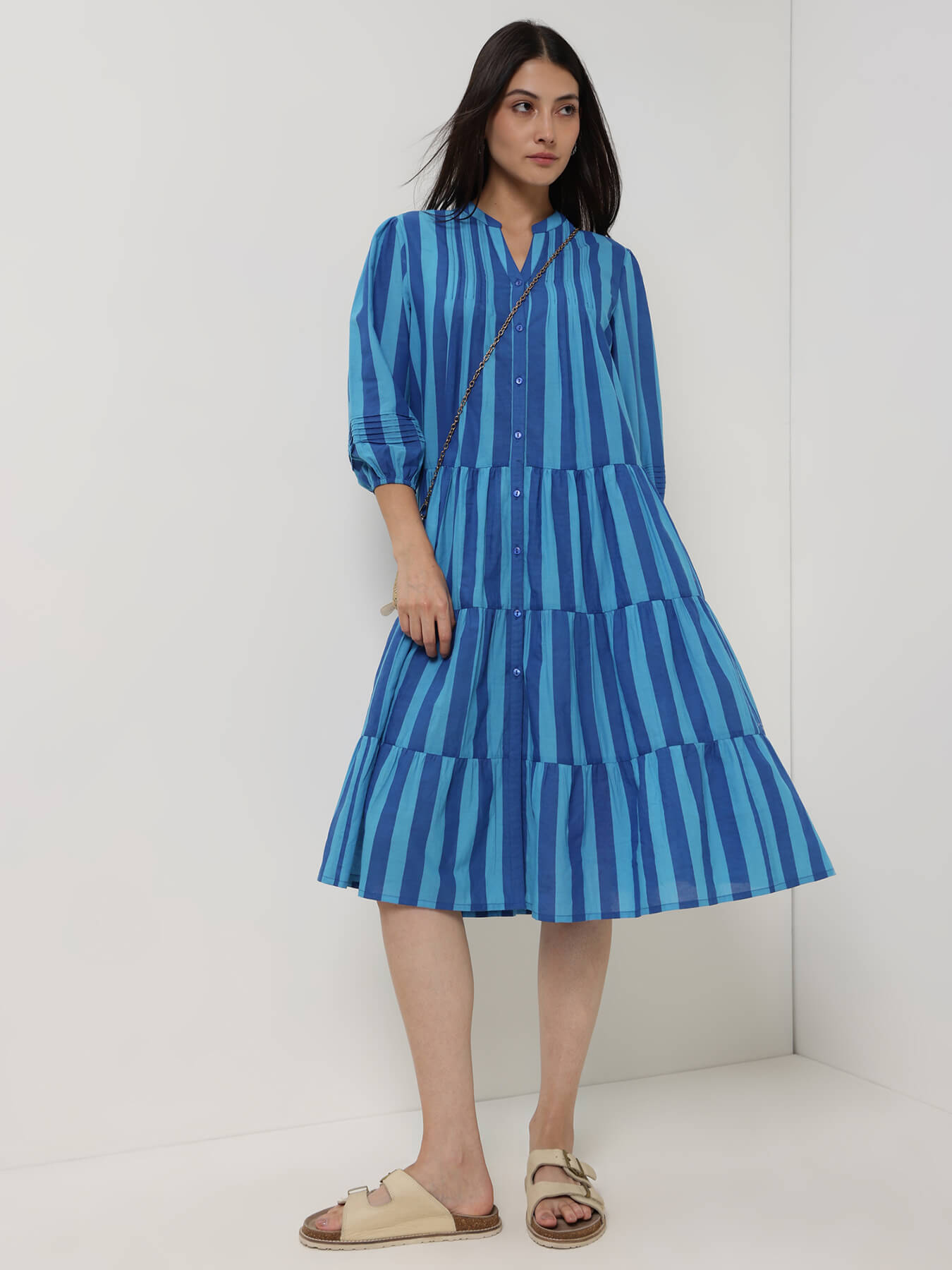 Cotton Striped Fit and Flare Dress - Blue