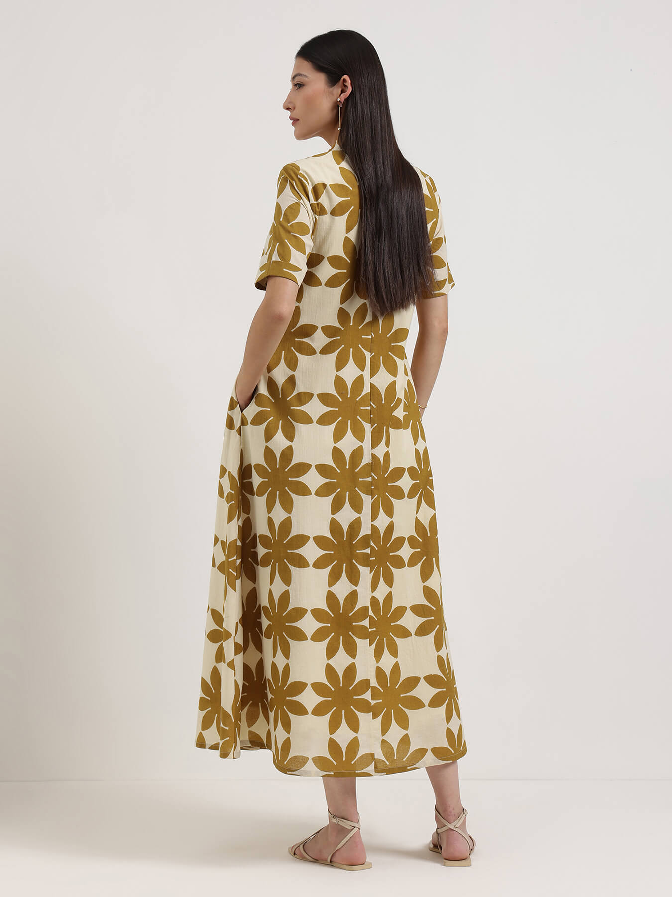Cotton Floral Shirt Collar Dress - Off White and Mustard