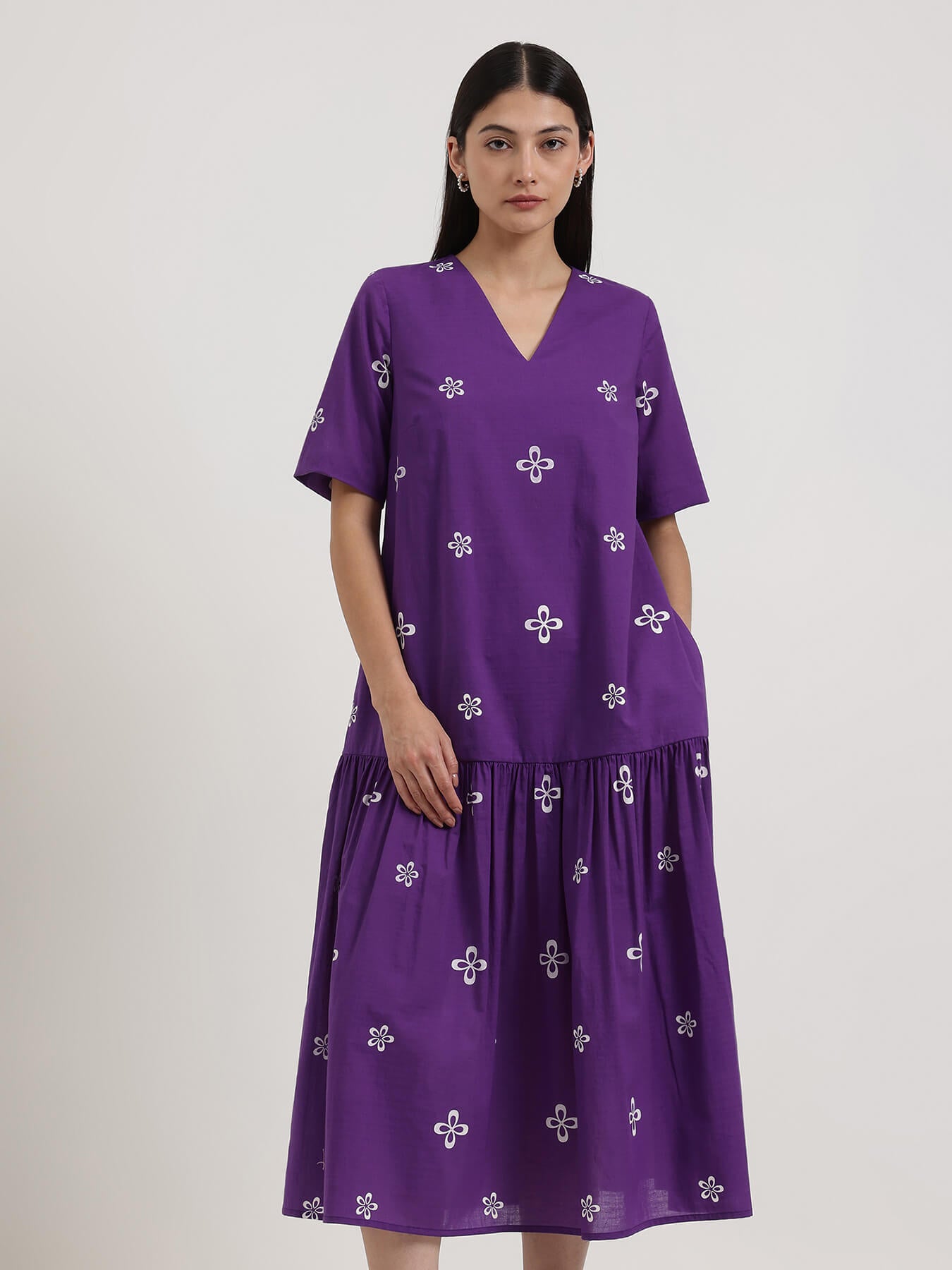 Cotton Floral Dress - Purple