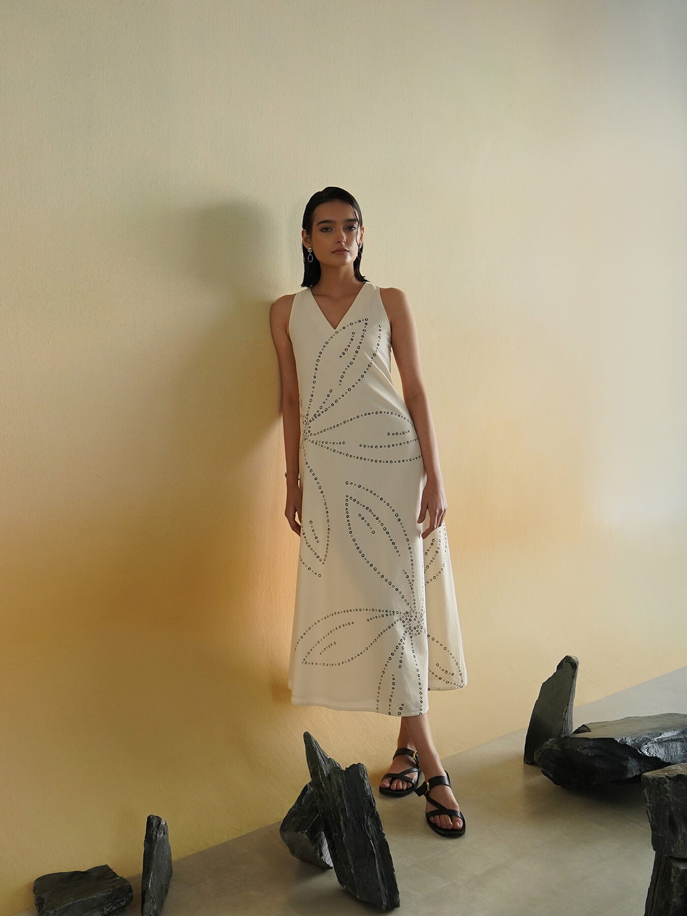 Cotton Floral Bandhani A-Line Dress - Off White