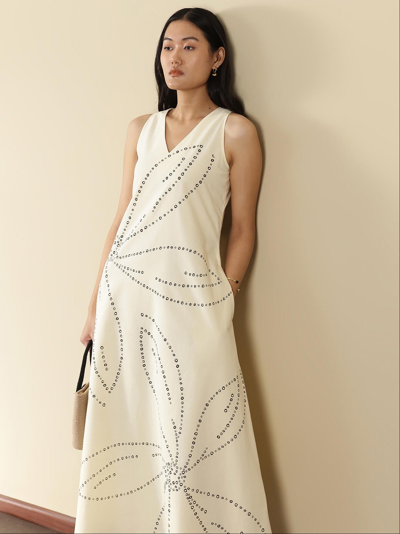 Cotton Floral Bandhani A-Line Dress - Off White