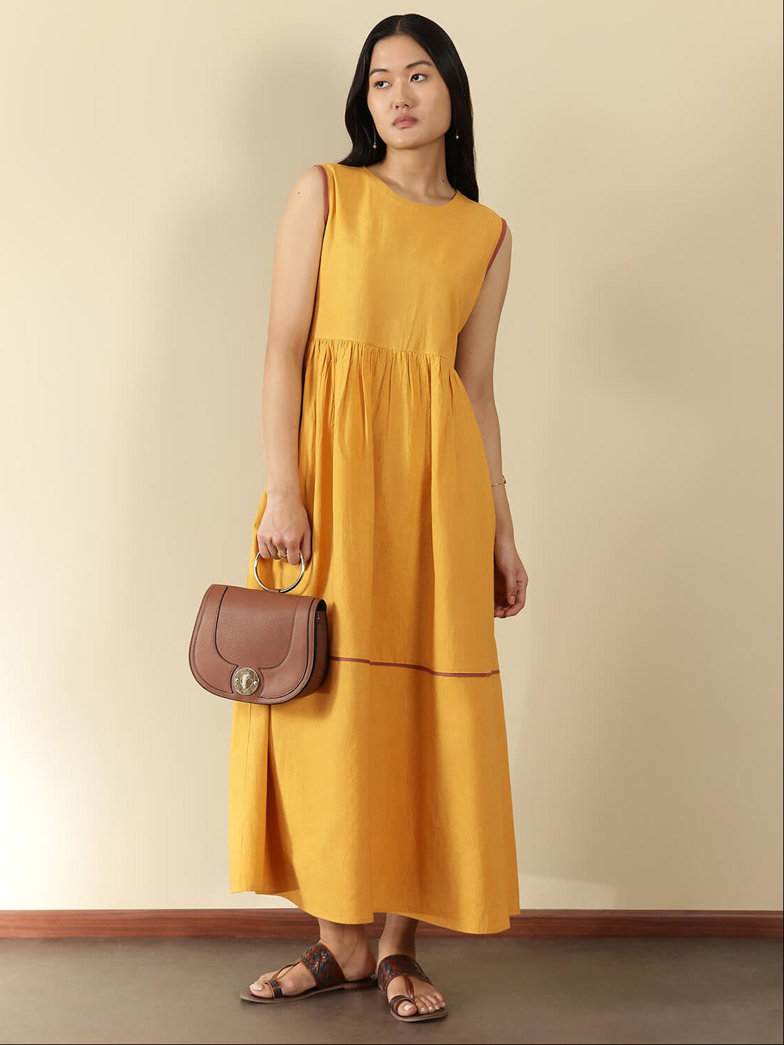 Linen Blend Solid Fit and Flare Dress - Yellow