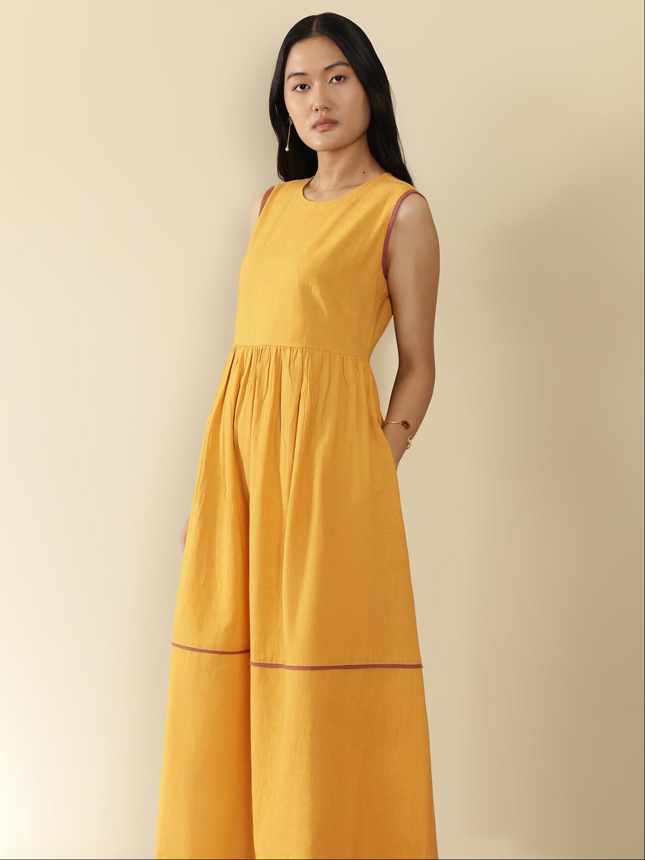 Linen Blend Solid Fit and Flare Dress - Yellow