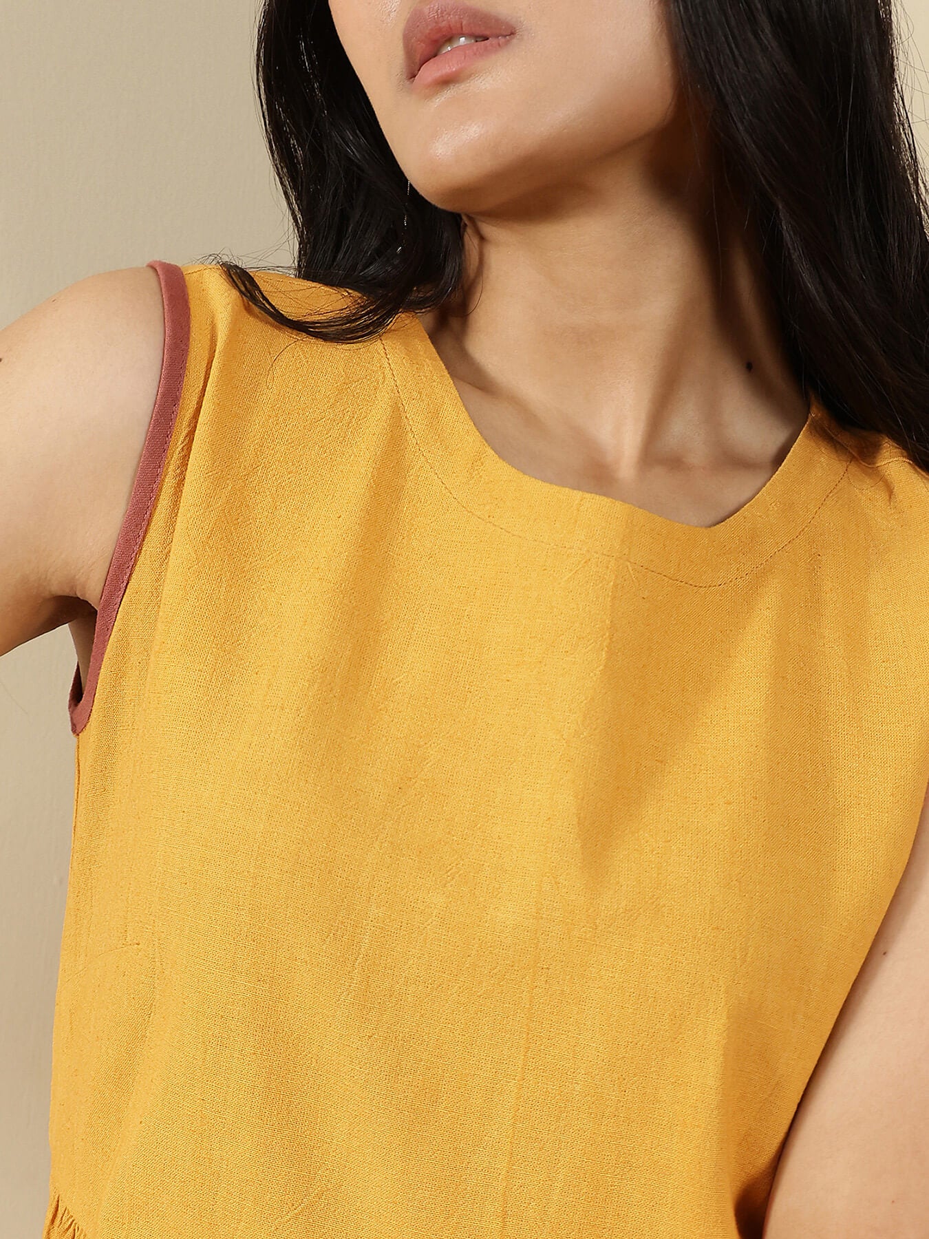 Linen Blend Solid Fit and Flare Dress - Yellow