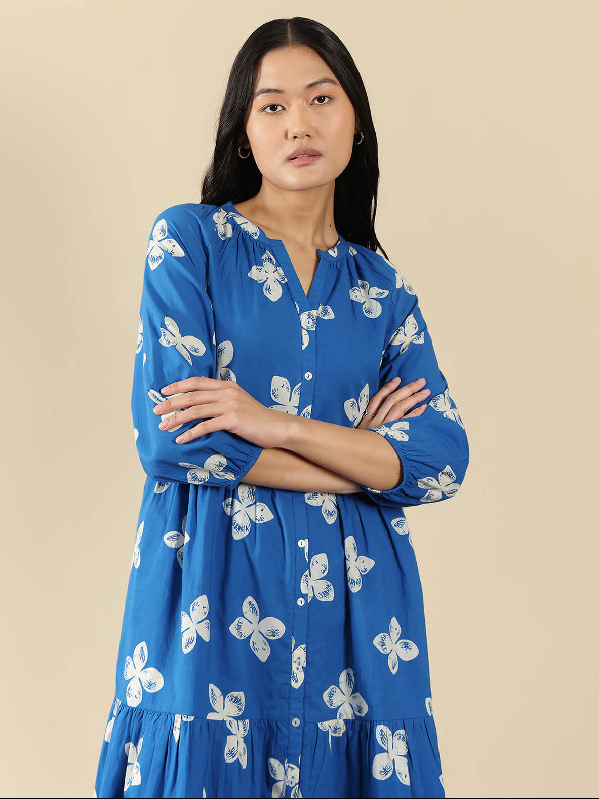 Cotton Floral Fit and Flare Dress - Blue