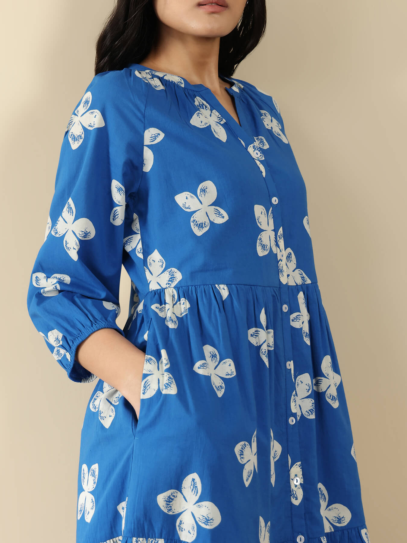 Cotton Floral Fit and Flare Dress - Blue