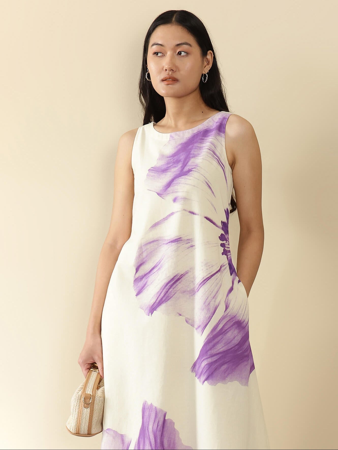 Cotton Placement Floral Dress - Off White