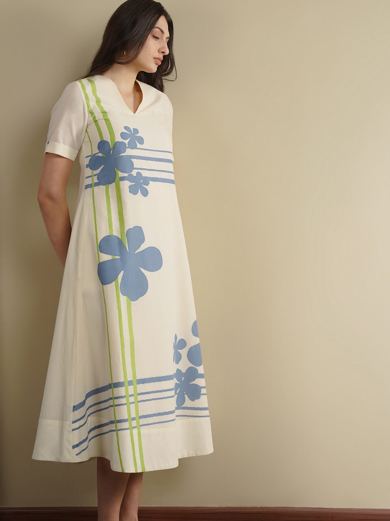 Cotton Placement Floral Dress - Off White