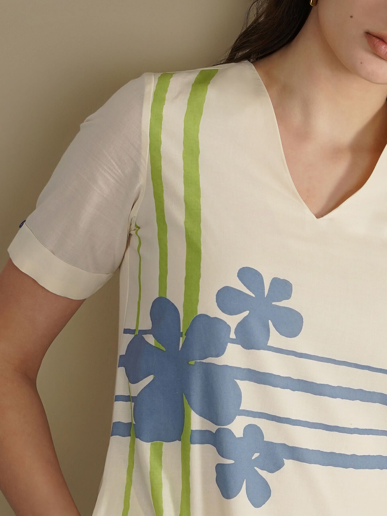 Cotton Placement Floral Dress - Off White