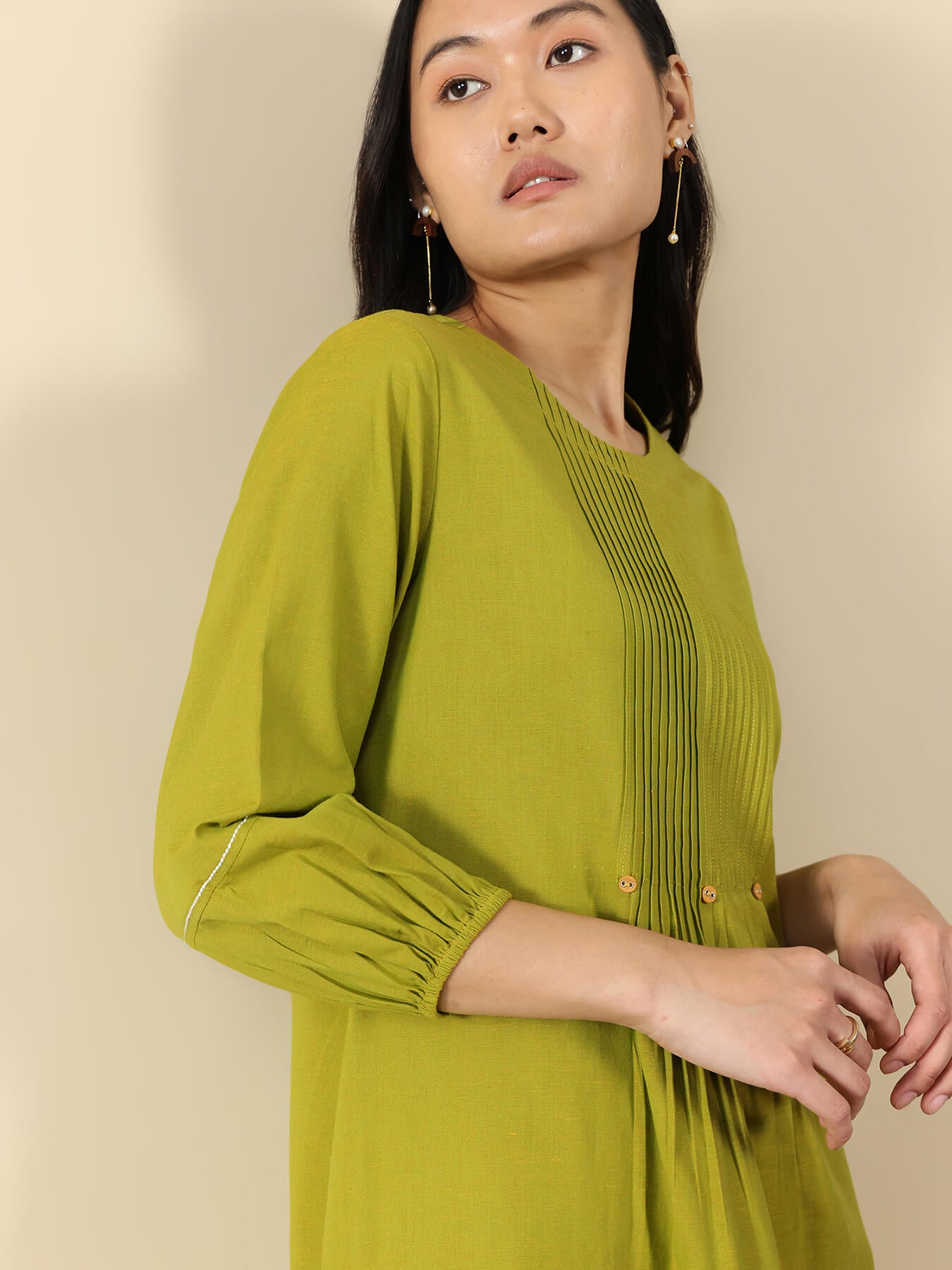 Cotton Solid Line Dress - Green