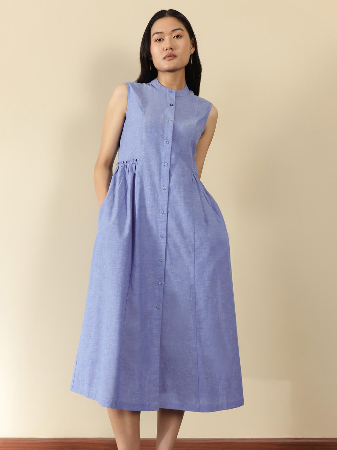 Cotton Solid Sleeveless Dress - Blue