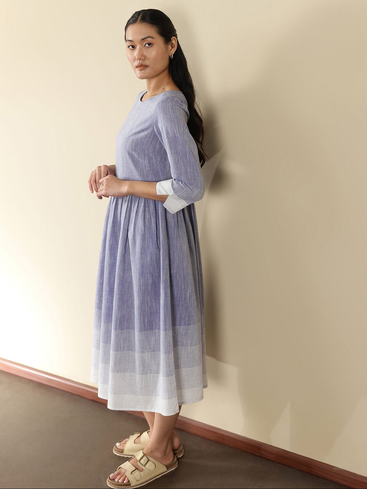 Cotton Woven Design Fit and Flare Dress - Blue