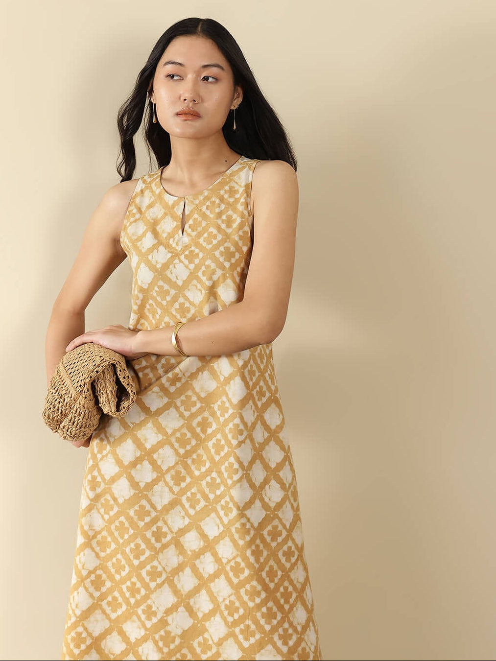 Cotton Dabu Floral A-Line Dress - Mustard