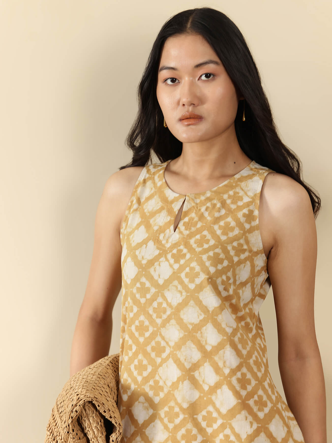 Cotton Dabu Floral A-Line Dress - Mustard