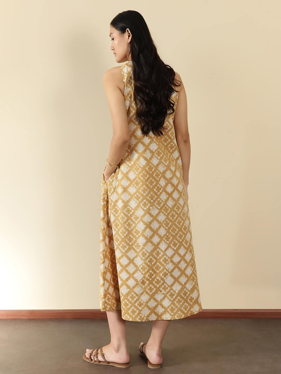 Cotton Dabu Floral A-Line Dress - Mustard