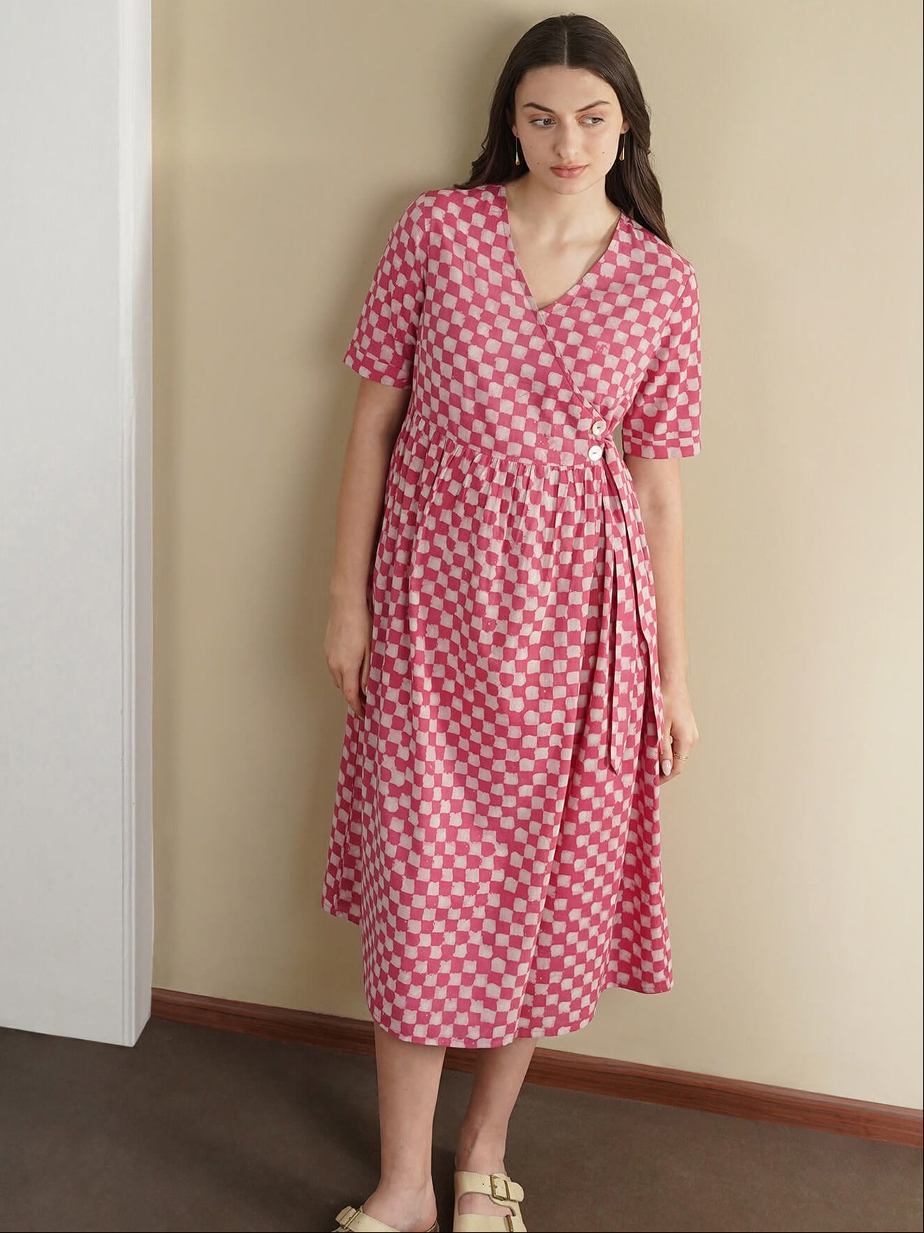 Cotton Dabu Checked Dress - Pink