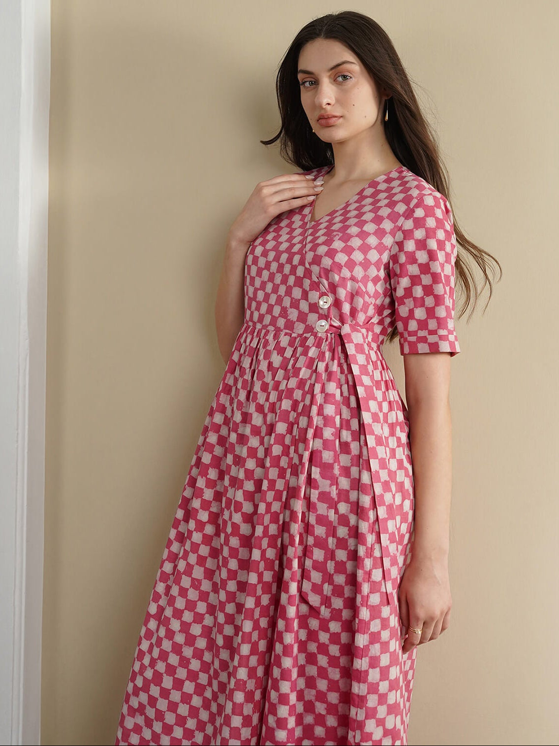 Cotton Dabu Checked Dress - Pink