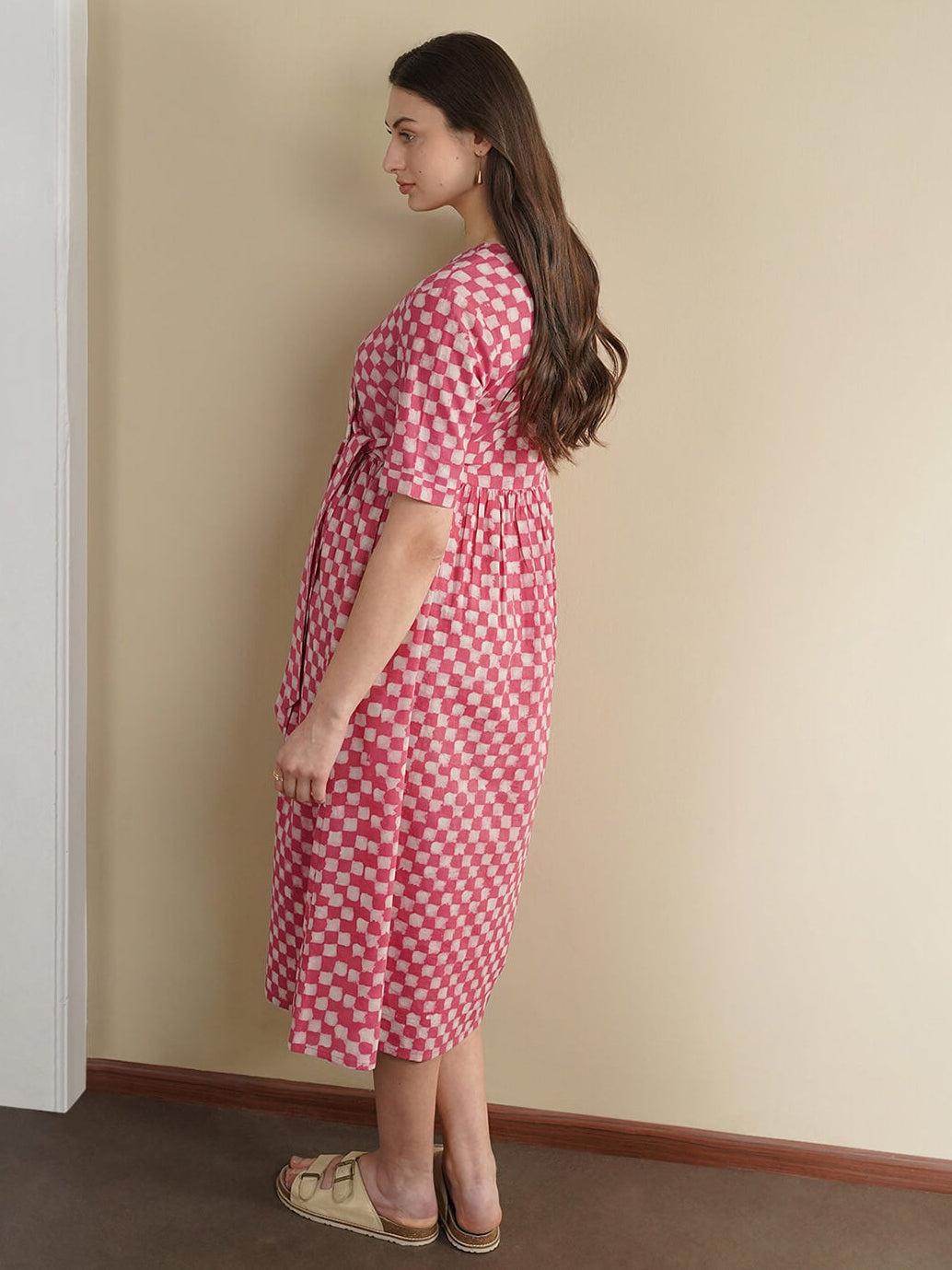 Cotton Dabu Checked Dress - Pink