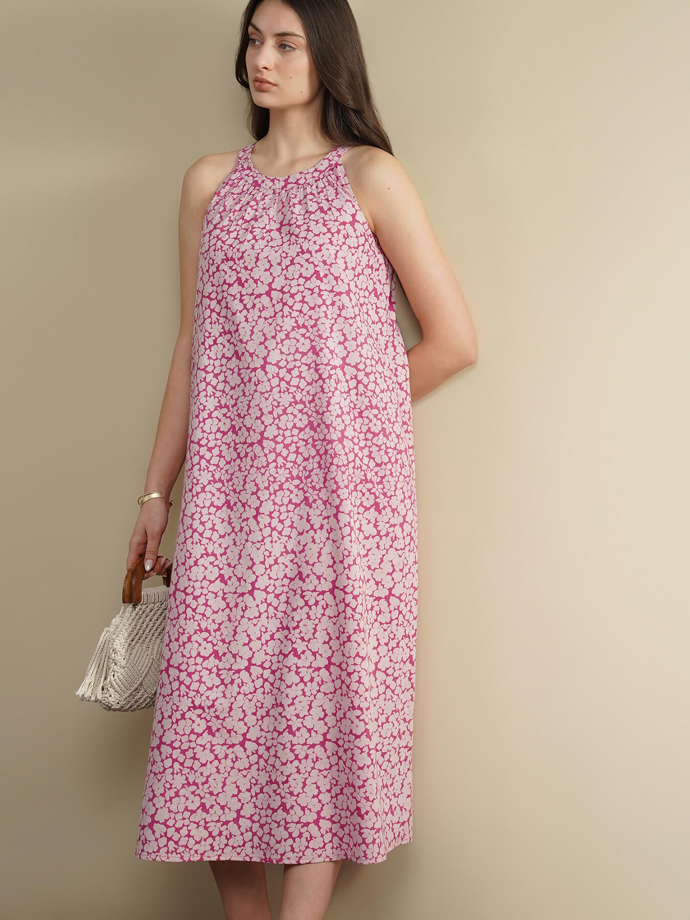 Cotton Dabu Floral A-Line Dress - Pink
